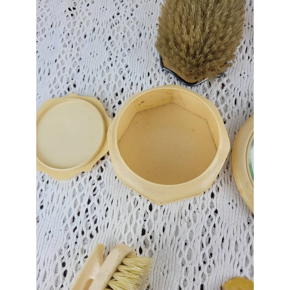 Vintage Celluloid or Pyralin Brush Frame Mirror Shoe Horn Nail Vanity Set of 11
